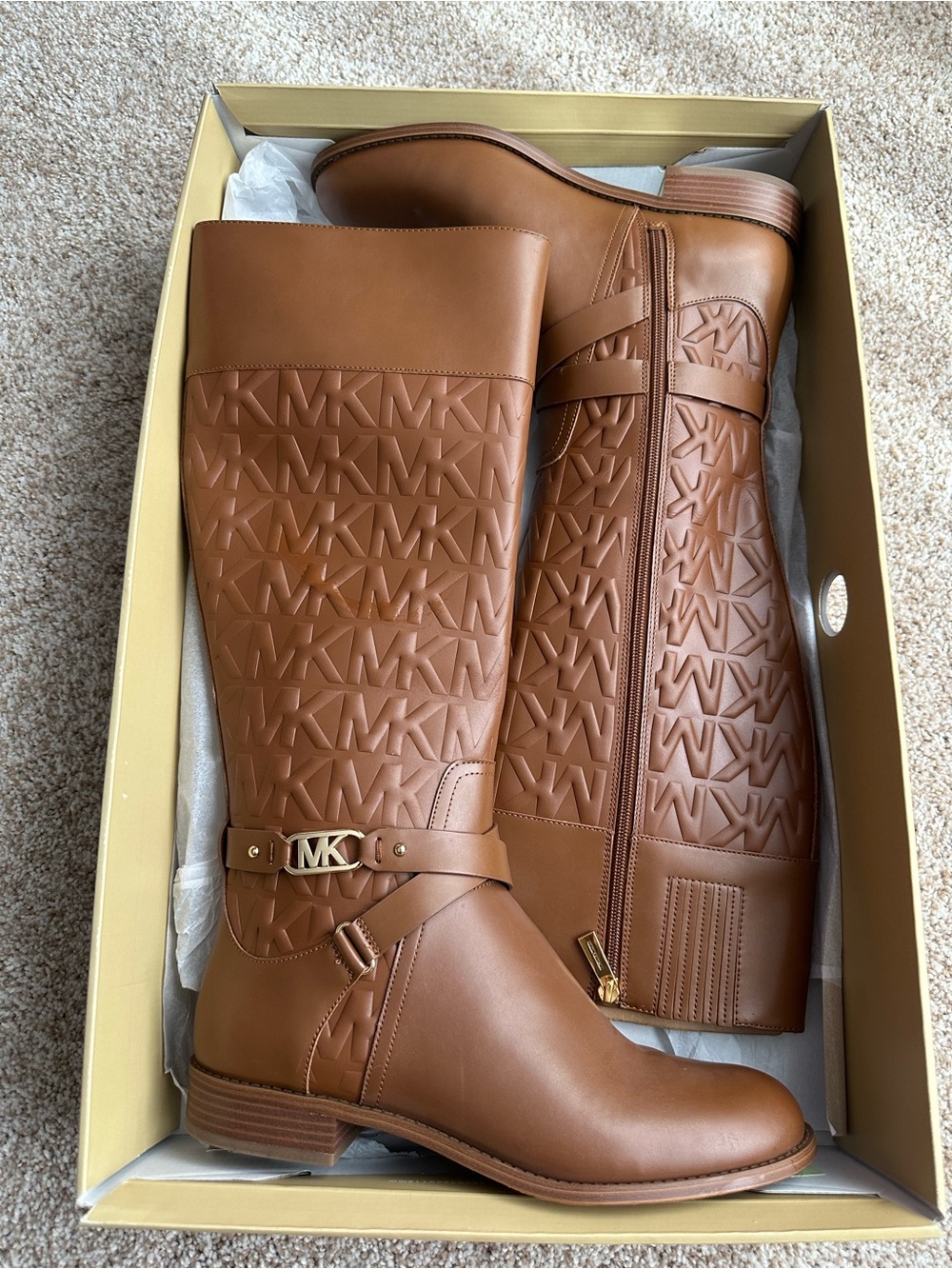 Michael Kors Cognac Embossed MK Logo Riding Boots